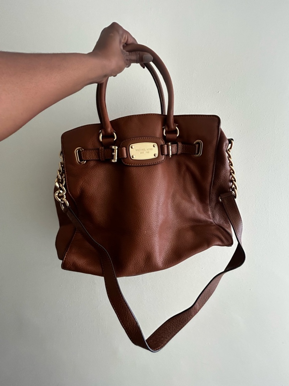 Michael Kors Cognac Leather Tote with Chain-Trim Detachable Shoulder Strap